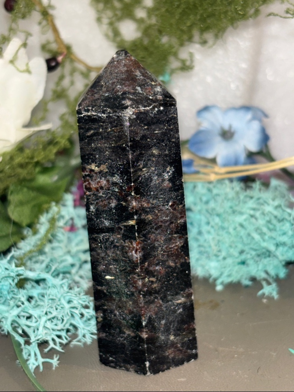 Natural Dark Garnet and Black Crystal Tower